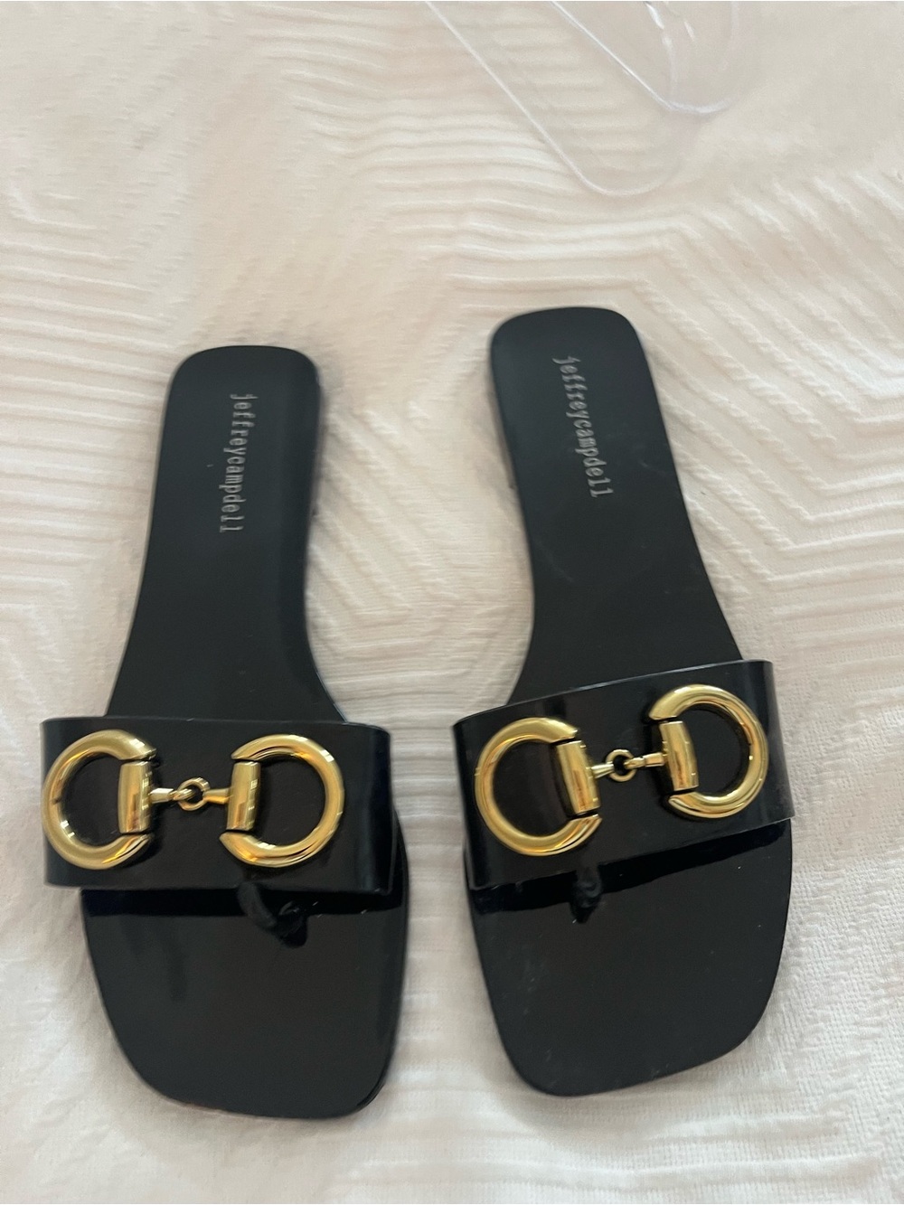 Jeffrey Campbell A Little Bit Jelly Black Gold Horsebit Slide Sandals